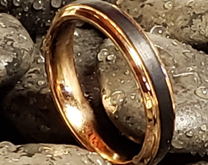 4mm Tungsten Carbide Ring in Black and 14k Rose Gold.  Groove Beveled Edge w/ Comfort Fit (Unisex Man or Women band) (US Ring Size 4-8.5)