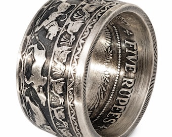 1957 CEYLON (SRI LANKA) Hand Forged Coin Ring.  Silver 5 Rupees 2500th Anniversary of Buddhism (Rare & Expensive coin converted into a ring)