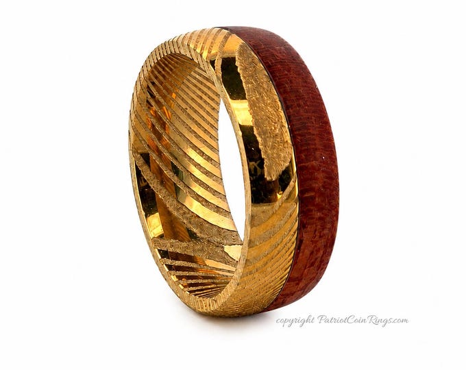 8mm 24k Gold over Damascus & Rosewood Mens or Womans Wedding Band | Engagement | Ring Sizes 6-15