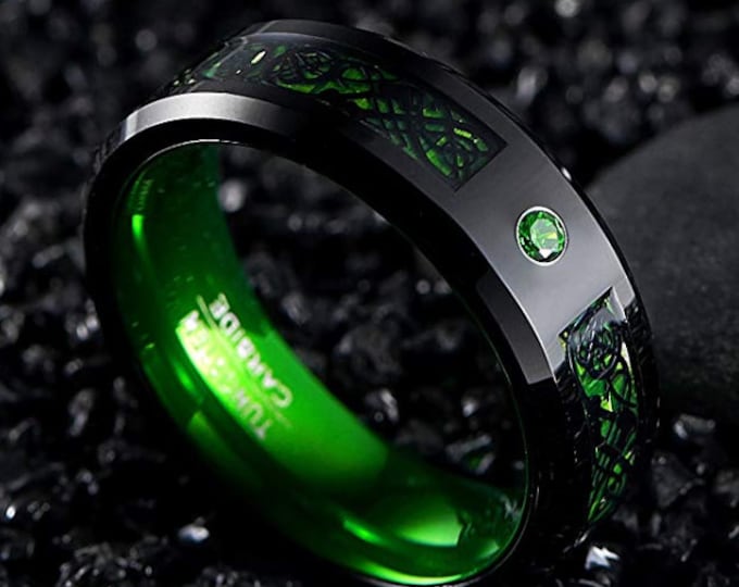 Reg. 299.95 4mm, 5mm, 8mm Irish Green Tungsten Carbide Wedding Band Ring Celtic Dragon Green Carbon Fiber for Men 8mm (Emerald Green)