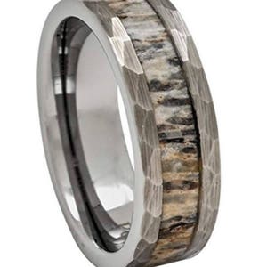 8mm Silver Tungsten with Hammered Sides & Genuine Deer Antler Inlay Wedding Band, Engagement, Anniversary, Hunters Sizes 4-18 image 1