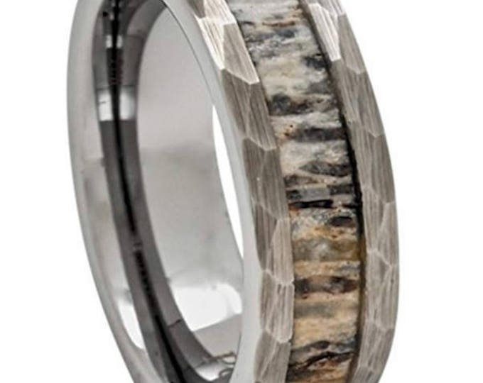 8mm Silver Tungsten with Hammered Sides & Genuine Deer Antler Inlay (Wedding Band, Engagement, Anniversary, Hunters) Sizes 4-18