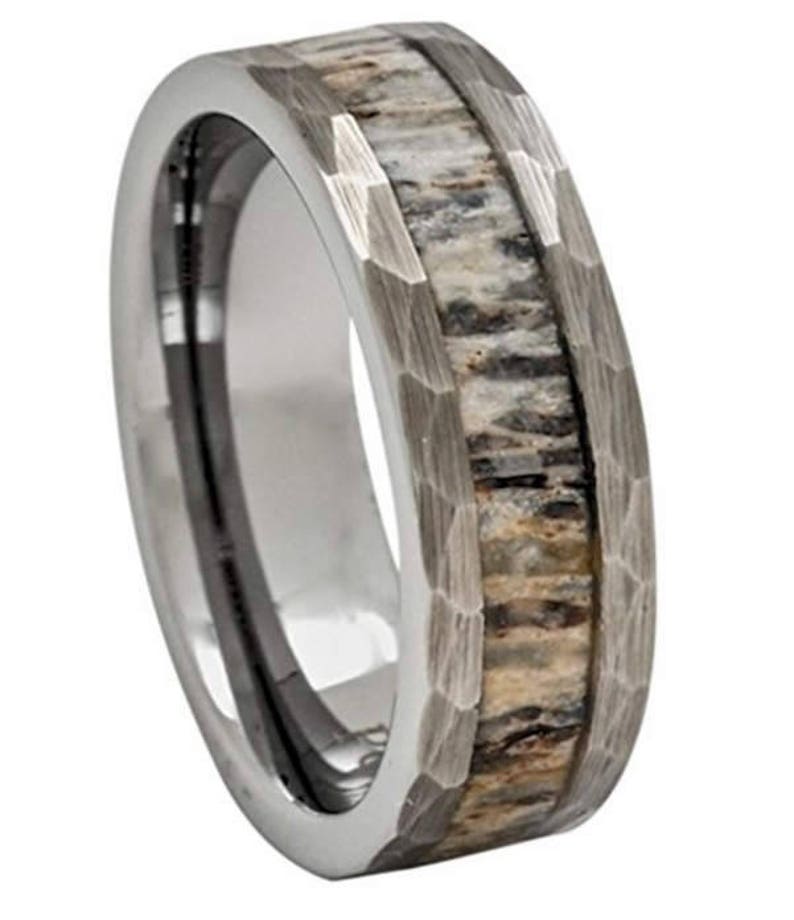 8mm Silver Tungsten with Hammered Sides & Genuine Deer Antler Inlay Wedding Band, Engagement, Anniversary, Hunters Sizes 4-18 image 1