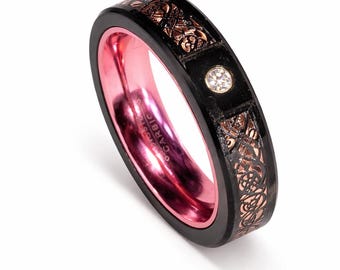 BREAST CANCER AWARENESS:  5mm Pink Carbon Fiber and Black Celtic Inlay over Black Tungsten Carbide and Pink Inner Band w Pink Cubic Zirconia