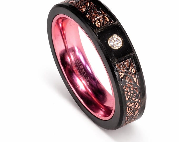 BREAST CANCER AWARENESS:  5mm Pink Carbon Fiber and Black Celtic Inlay over Black Tungsten Carbide and Pink Inner Band w Pink Cubic Zirconia