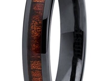 Reg 199.00 - 4mm Hawaiian Koa wood and Black Ceramic Ring w/ Wood Dome Inlay & Inner Wedding Band Comfort Fit (Women, Ladies, Girls, Female)