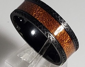 8mm Real Hawaiian KOA Wood Inlay over Braided Style Black Titanium Sides & Comfort Fit, Men's Wedding Band (US SIZE 7-15)