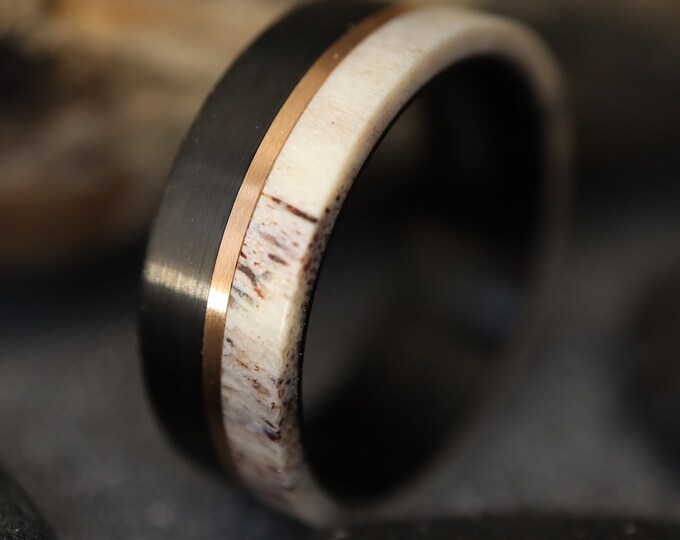 8mm Black Tungsten Ring with Copper Center & Deer Antler Inlay - Wedding, Engagement, Unique High Fashion Ring (US Ring Sizes 8-14)