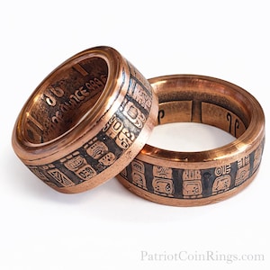 Mayan Aztec Calendar Coin Ring (1 Troy Ounce .999 Copper Bullion Coin) Thin Cut 9.5mm Wide, 3mm thick US Ring Size 5-22