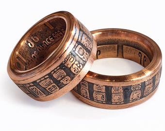 Mayan Aztec Calendar Coin Ring (1 Troy Ounce .999 Copper Bullion Coin) Thin Cut 9.5mm Wide, 3mm thick US Ring Size 5-22