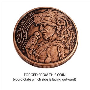 a coin with an embossed profile of a man, and the text "FORGED FROM THIS COIN" along with a statement about the coin's design.