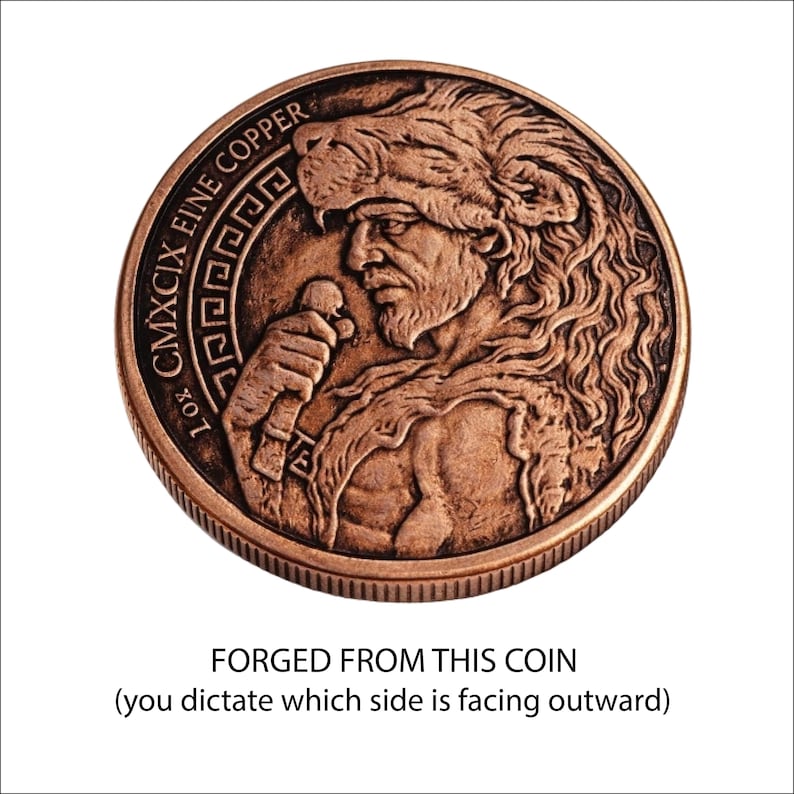 a coin with an embossed profile of a man, and the text "FORGED FROM THIS COIN" along with a statement about the coin's design.