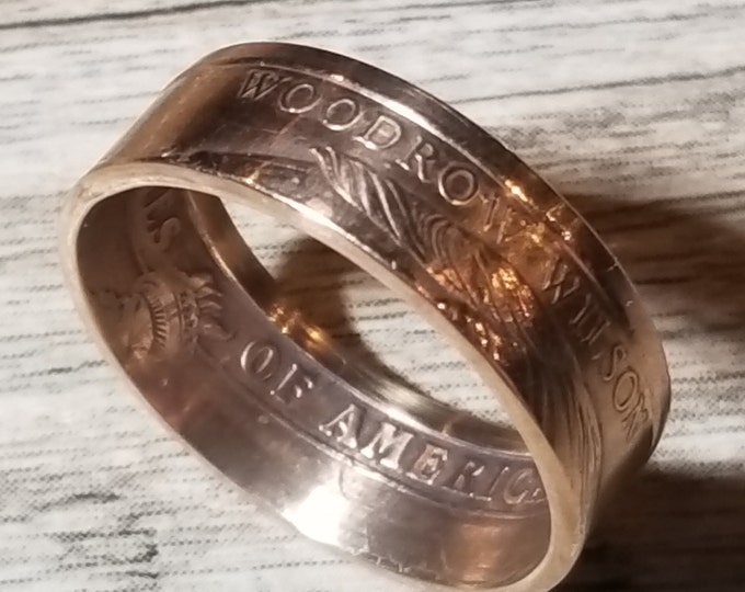 2014 Woodrow Wilson 1 Dollar Coin Ring. Shown in Rose Gold Finish (other options in Silver, 24K Gold, Platinum, Rhodium & White Gold Plated)