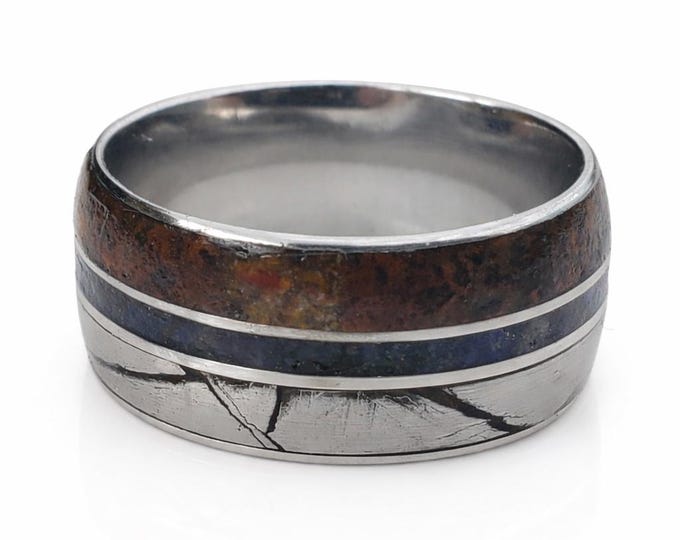 10mm Authentic Muonionalusta Meteorite & Jurassic Rare Multicolor Dinosaur Bone w/ Thin Blue Line of crushed natural lapis lazuli Stone!!