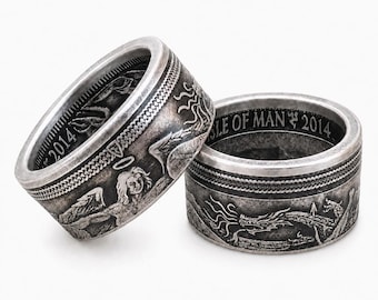 2014 Archangel Michael slaying the Dragon!  (coin from Isle of Man) 1 Troy Ounce .999 Pure Fine Silver -Wedding Band Heavy Ring US Size 3-18