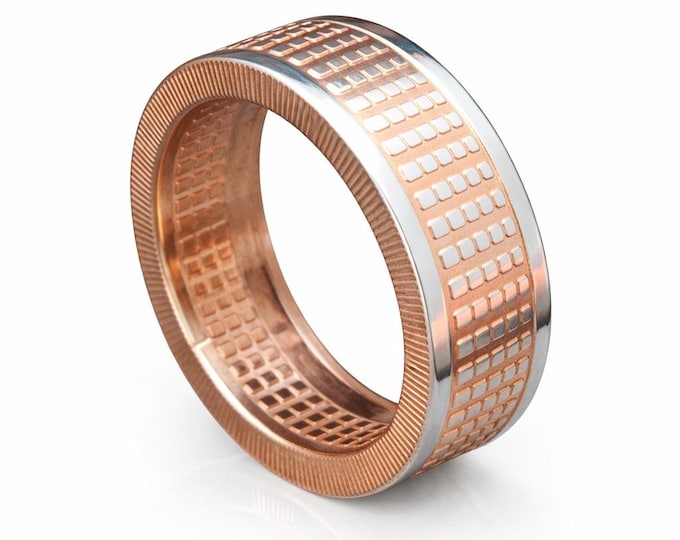 Geometric Radial Coin Ring, 14K Rose Gold & Silver Two-Tone Hand forged from a Solid Silver Radial Bullion Round Coin (US Sizes 5-23)