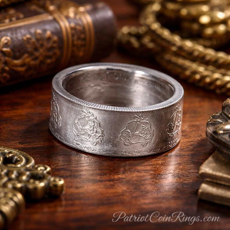A silver ring with embossed designs sits on a wooden surface, surrounded by various other objects such as a book, a necklace, and a small statue.
