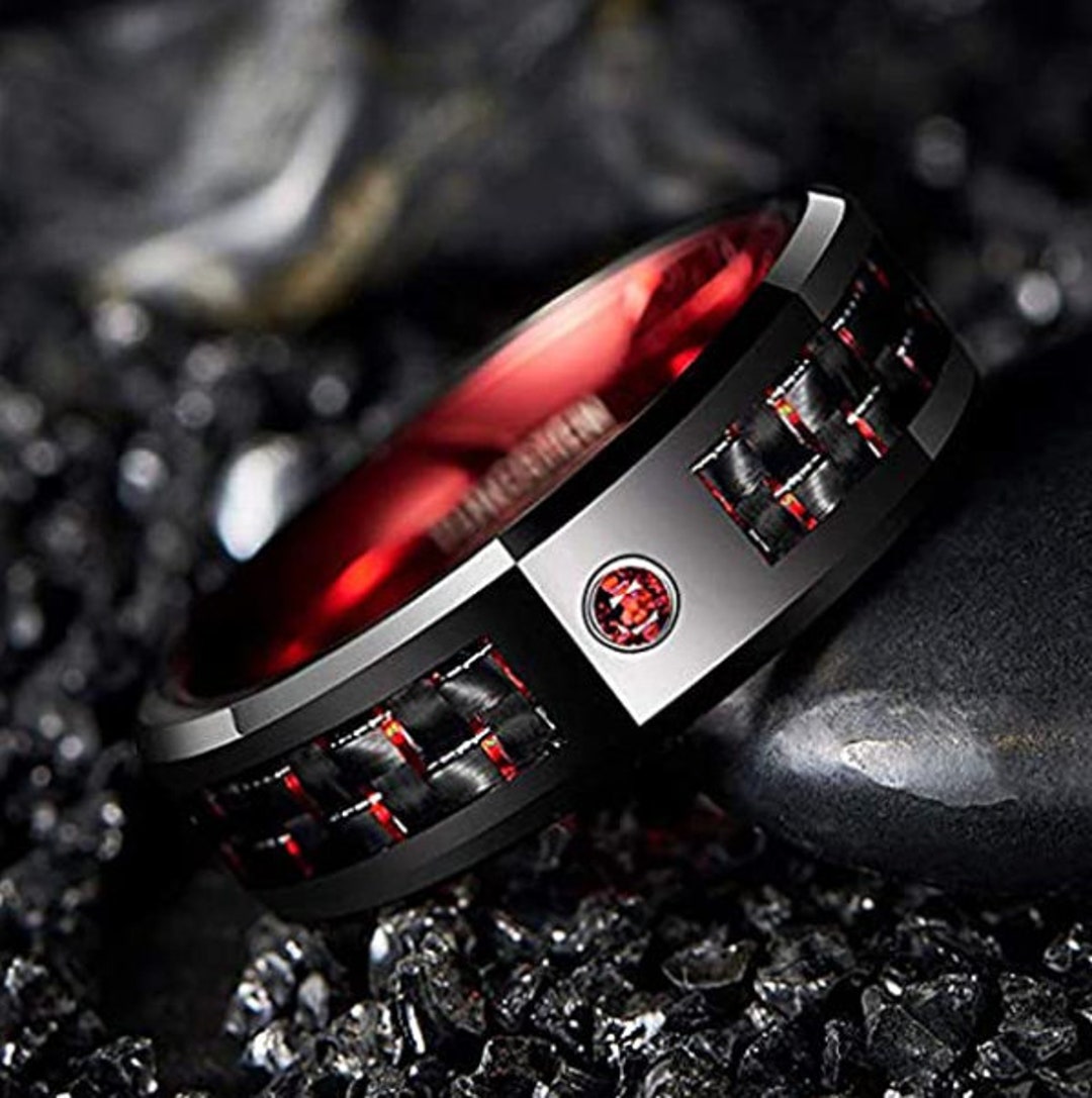 Black Fiber July & Etsy Carbon Carbide Garnet Tungsten Ireland Inlay or Wedding Gem W/ January Ring Birthdays - 8mm Black Red Band Red CZ