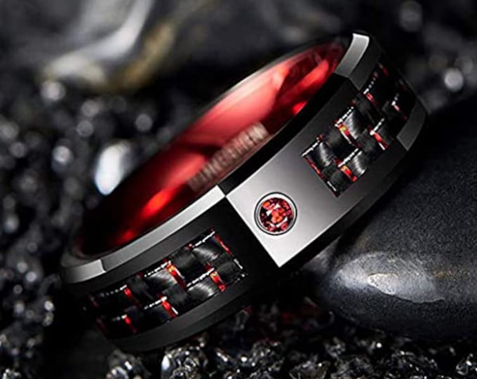 Reg. 499.95 8mm Black & Red Tungsten Carbide Wedding Band Ring w/ Black Carbon Fiber Inlay Red Garnet CZ Gem January or July birthdays
