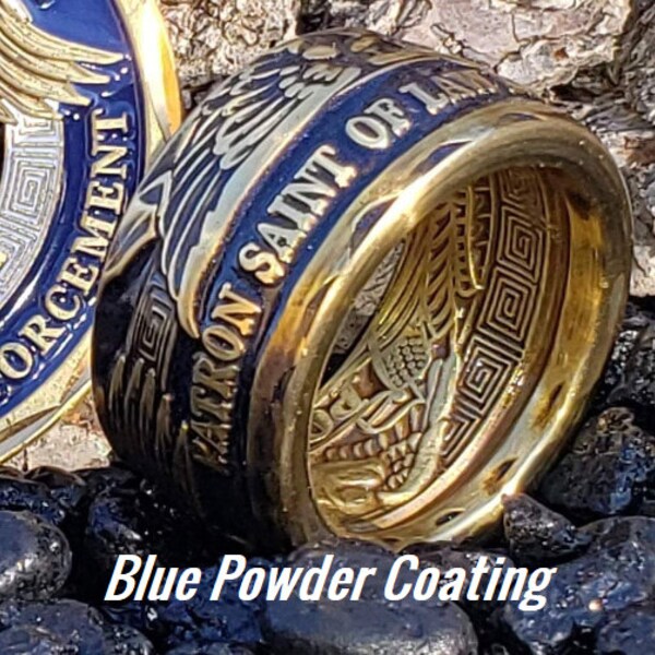 St. Michael Patron Saint of Law Enforcement Challenge Coin Ring!  Powder Coated Police Officer Blue over Brass (other finishes available)