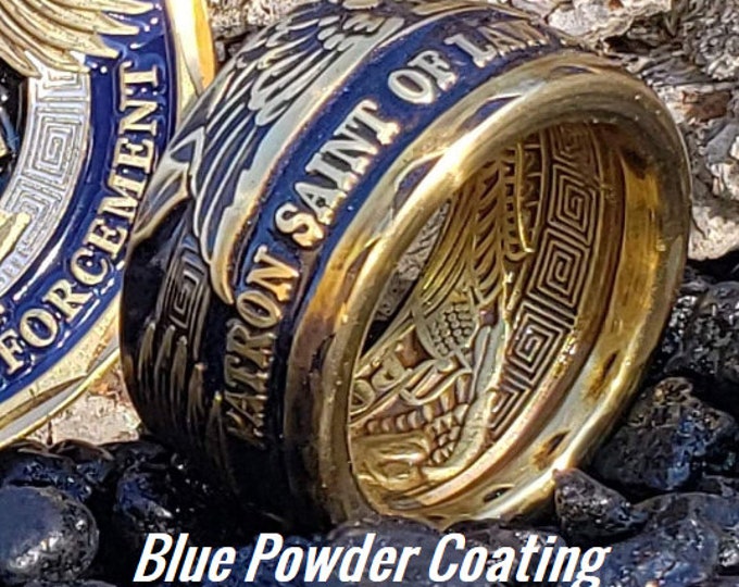 St. Michael Patron Saint of Law Enforcement Challenge Coin Ring!  Powder Coated Police Officer Blue over Brass (other finishes available)