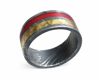 10mm Hand Forged Damascus Steel Band with Hammered Gold & Candy Red Resin (Fashion, Wedding, Engagement, Anniversary, US Ring Sizes 7-14)