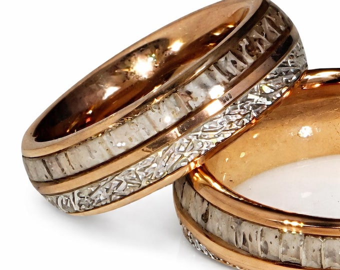 6mm Antler & Meteorite in 14K Rose Gold Tungsten (US Sizes 5-14) Wedding Band, Anniversary Rings, Men's Fashionable Ring