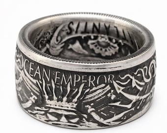 Atlantis Poseidon 1 oz Silver Round Bullion - Mythical Cities Series (.999 Pure) Coin "Hand Forged into a Coin Ring" (US Sizes 6-24)
