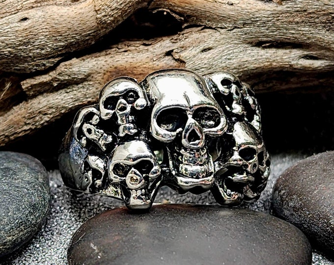 CLEARANCE DEAL:  Multiple Skull Ring  US Size 10.0 & 12.5 (I can create a mold with nearly any design for a custom ring - just ask) C-X0002