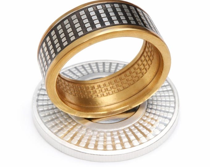 Geometric Radial Coin Ring, 24K Gold, Black Rhodium, & Silver Handforged from a Solid Silver Radial Bullion Round Coin (US Sizes 5-23)