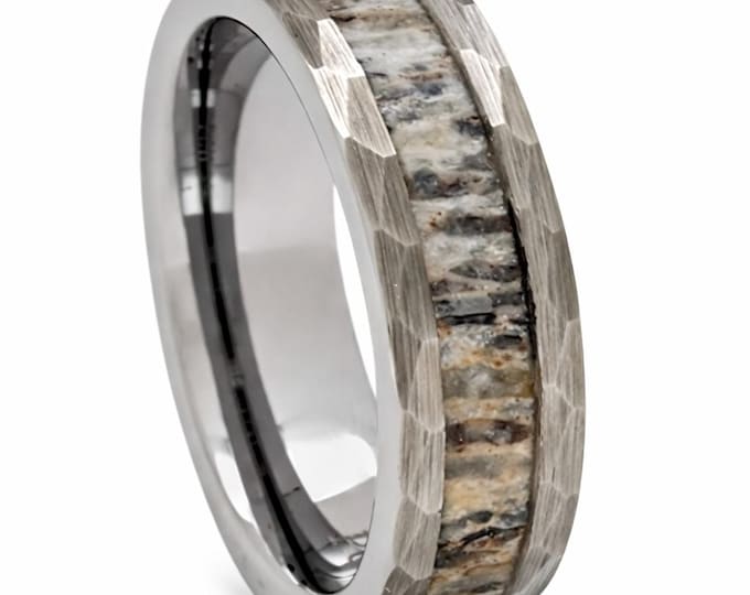 8mm Silver Tungsten with Hammered Sides & Genuine Deer Antler Inlay (Wedding Band, Engagement, Anniversary, Hunters) Sizes 4-18