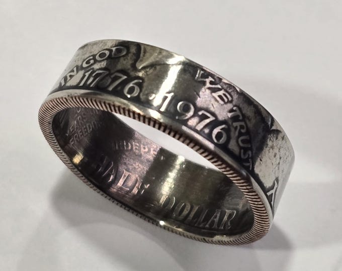 Silver Half Dollar Coin Rings - 1776-1976 Bicentennial (Mirror Polish, Antiqued Patina or 24k Gold Plated)