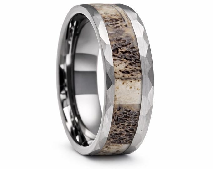 REG 399.95, 8mm Silver Tungsten Ring, Deer Antler Inlay Wedding Band, Rustic Hammered Design, Engagement, Anniversary, Promise, Size 5-18.