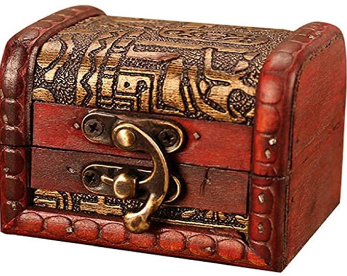 Small Wooden Treasure Chest w/ Ornate and Antique Style Finish for Jewelry, Watches, Rings, Necklaces, Collectables Single Size:  8X6X6.5 cm