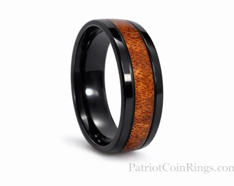 8mm Real Hawaiian KOA Wood Inlay over Black Titanium with Comfort Fit Band, Vintage Wedding Engagement Promise Band