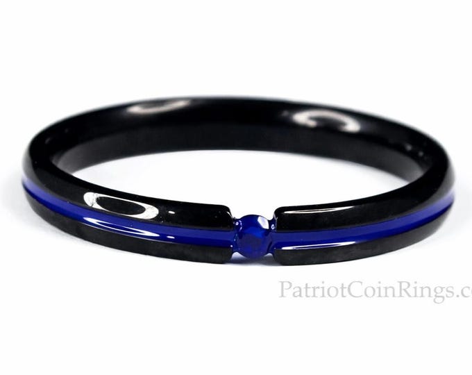 4mm Black Titanium Tension Band with Blue Sapphire Gem (His or Hers - US Ring Sizes 4-17)