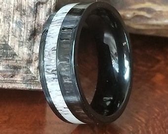 8mm Titanium Natural Deer Antler Ring w/ Dark Koa Wood Inlay (US Ring Sizes 4.5-14.5) Mens Band, Wedding Band, Hunters Ring