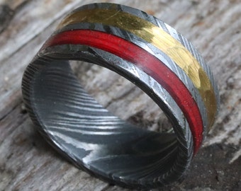 10mm Hand Forged Damascus Steel Band with Hammered Gold & Candy Red Resin (Fashion, Wedding, Engagement, Anniversary, US Ring Sizes 7-14)