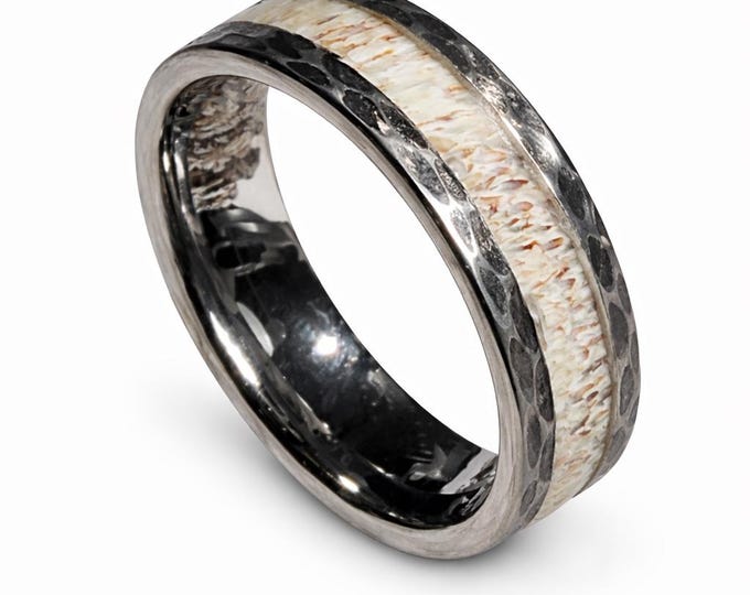 8mm Silver Tungsten with Hammered Sides & Genuine Deer Antler Inlay (Wedding Band, Engagement, Anniversary, Hunters) Sizes 4-18