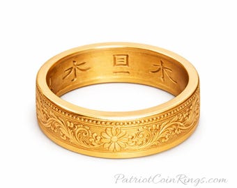 BEAUTIFUL 1916~1938 Floral Coin Rings Size 3-16 - Japan paulownia 1 sen (bronze) (Hand-forged from a real coin - you choose the color)
