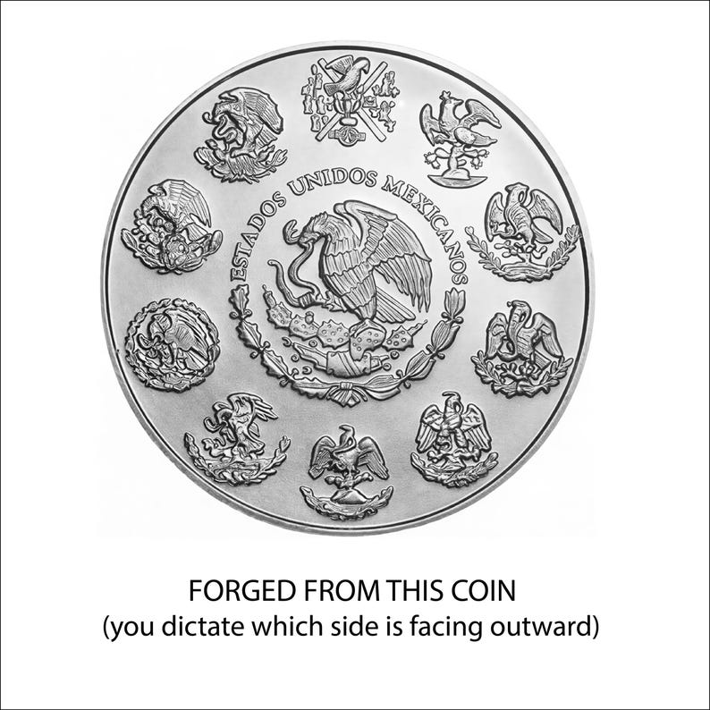 The image is a coin with various eagle and bird designs, and it is described as a "forged from this coin" that can be used to determine which side is facing outward.