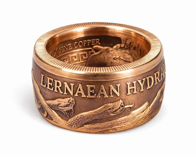 Lernaean Hydra Snakes! 2nd of the 12 Labors of Hercules - 1oz .999 BU copper round (Pictured Here in real 24K Gold Plating) COIN RING