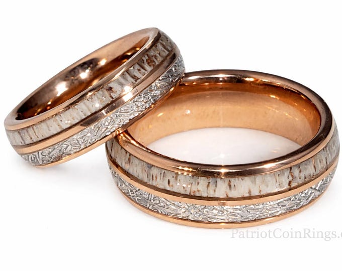 8mm Antler & Meteorite in 14K Rose Gold Tungsten (US Sizes 6-14) Wedding Band, Anniversary Rings, Men's Fashionable Ring