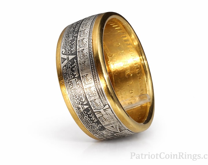 Aztec Mayan Calendar 9999 Solid Silver Coin Ring (Tonatiuh Sun Stone ~ Emperor Cuauhtémoc) 1/2oz Coin forged into a Ring Sizes 4-15