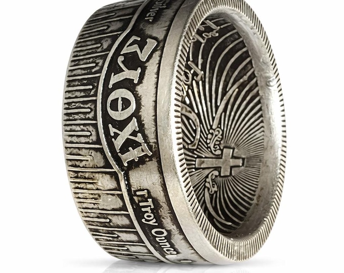John 3:16  IXOYE Christian fish "Coin Ring" (Double Sided) Hand-Made from Rare 1 Troy Ounce Pure Silver coin! (Jesus - God - Lord - Church)