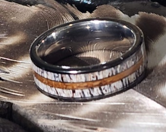 STYLE 1 - 8mm Gloss Black/Silver Tungsten Carbide Band w/ Real Deer Antler and Reclaimed Jack Daniels Whiskey Oak Barrel Wood(US Sizes 6-15)