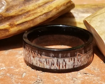 US Size 3-17 | 8mm Black Band w/ Deer Antler and Dark Zebra Wood Wood Inlay & Silver Arrow Inset - Flat Wall Design
