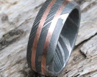 BOLD & LUXE: 8mm Damascus Steel Dome, Ring Parallel Copper Majesty Channels, Comfort Fit | Engagement Band, Anniversary, Gift (Sizes 8-14)