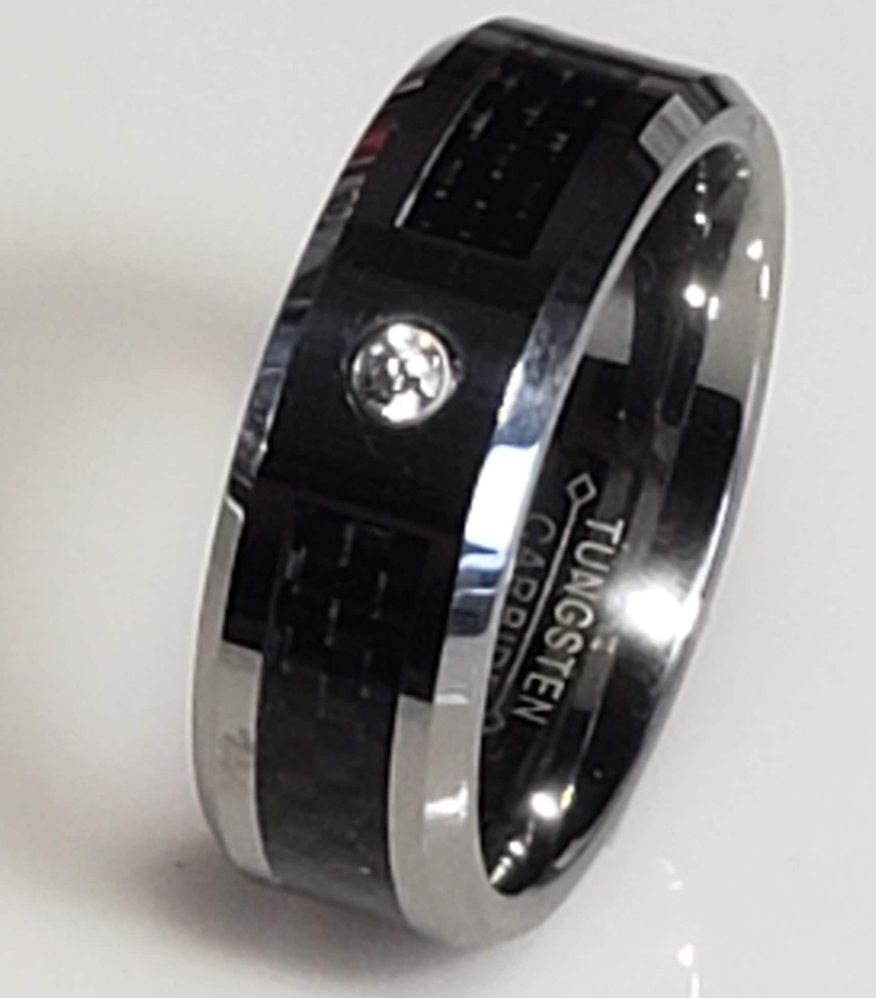 8mm Silver Tungsten Carbide Ring w/ Black Carbon Fiber Inlay and Clear