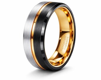 8mm (US Ring Sizes 5-16) Black & Silver Brushed Tungsten Carbide w/ 18k Rose Gold Wedding Band | Men's Wedding Bands, Engagement Rings,